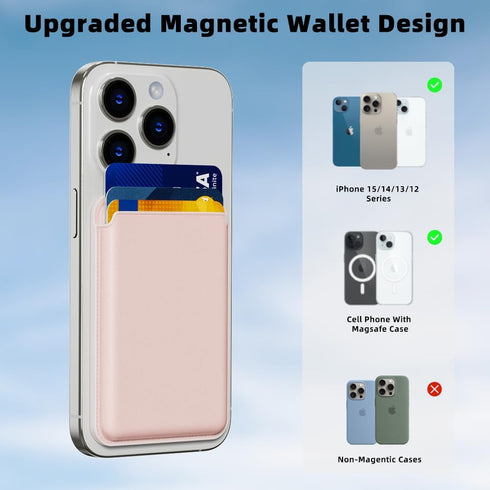 Magnetic Wallet for iPhone, Leather Magnetic Phone Wallet Mag Wallet RFID, Magnetic Wallet 3 Card Holder for iPhone 15/14/13/12 Series, Light Pink...