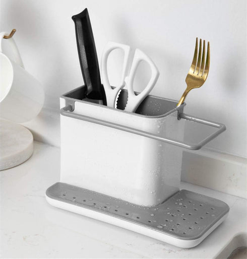 3-in-1 Sink Caddy Sponge Holder, Sturdy Countertop Cutlery Holder Organizer -Kitchenware Holder, Brush Holder + Dish Cloth Hanger (Light Gray)...