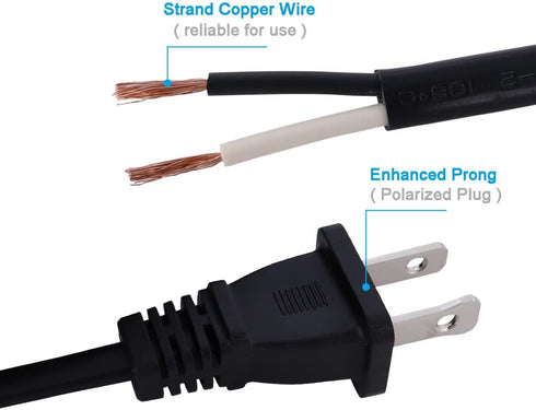 Replacement Power Cord Pigtail 18AWG 2 Prong 6FT Flat Shape 2 Wire Power Supply Cord Open End 110V Polarized Plug Black Cable 18 Gauge Open Wire 2...