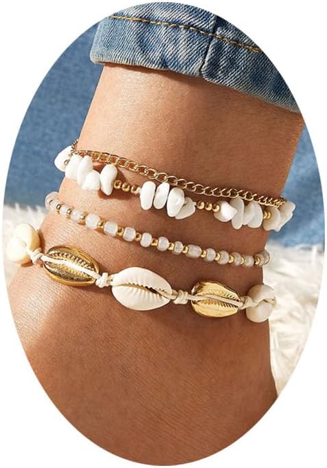 FUTIMELY Layered Gold Shell Ankle Bracelets Set for Women Teen Girls,Boho Dainty Handmade Seashell Gravel Bead Adjustable Gold Plated Anklet Set W...