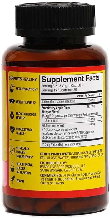 Bragg Inner Glow Apple Cider Vinegar and Phytoceramide Capsules - 750mg of Acetic Acid – Energy & Weight Management Support - Promotes Skin Hydrat...