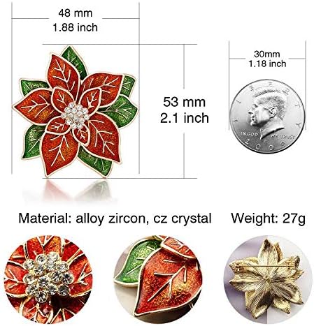 RareLove Big Size 2.2" Pretty Red Green Poinsettia Flower Christmas Pins and Brooches CZ Rhinestone Crystal Brooch Pin Gift For Women Girls Alloy ...