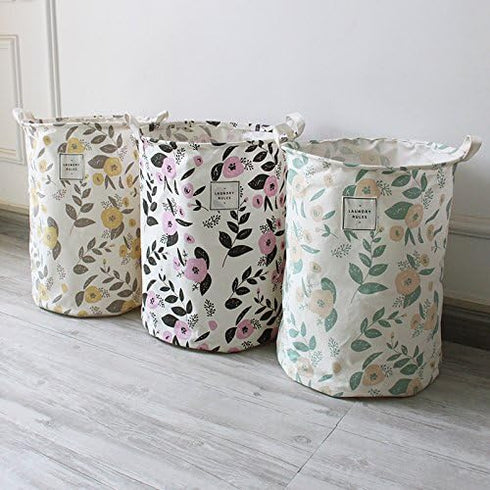 UUJOLY Collapsible Laundry Basket, Laundry Hamper with Handles Waterproof Round Cotton Linen Laundry Hamper Printing Household Organizer Basket, 1...