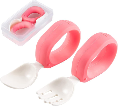 Baby Self Feeding Training Spoon and Fork Set with Travel Case, BPA-Free Cute Circle Toddler Training Utensils, Silicone/ABS Great Tableware Set S...