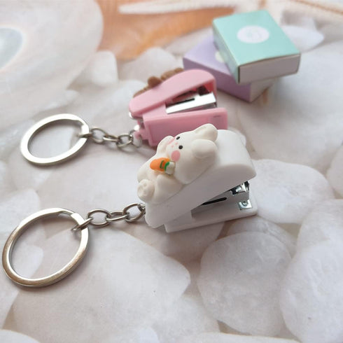 Portable Cartoon Mini Stapler with Keychain, Rabbit Desktop Stapler Set with 1000PCS Staples, Cute Bear Home Key Ring Stapler for Office School St...