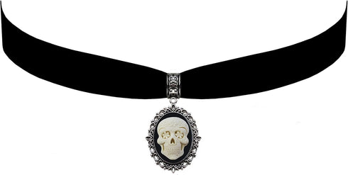 Victorian Vault Black Velvet Choker Gothic Steampunk Sugar Skull Cameo Pendant Necklace...