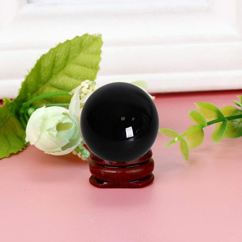 JIC Gem Small Black Obsidian Sphere Ball with Wooden Stand for Fengshui Healing Crystal Decoation Meditation Ball (2.2", 55mm)...