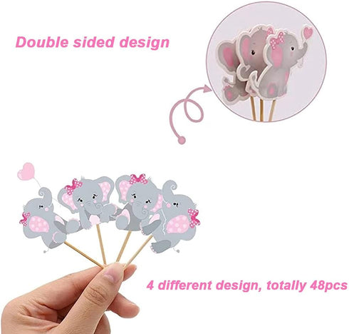 48pcs Pink Elephant Cupcake Toppers, Double Sided It's A Girl Picks, Cake Decorations for Elephant Theme Birthday Baby Shower Little Peanut Party ...