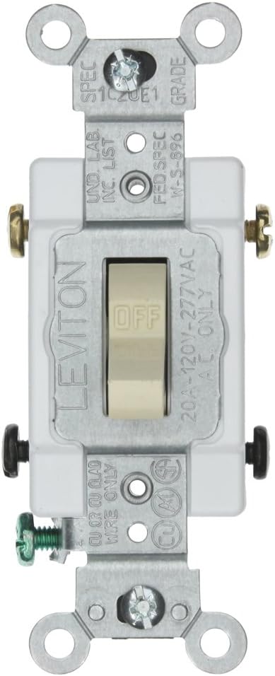 Leviton 1221-SW 20-Amp, 120/277-Volt, Toggle Single-Pole AC Quiet Switch, Heavy Duty Spec Grade, Grounding, White......