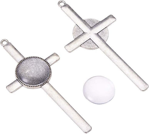 PH PandaHall 16pcs Cross Pendant Trays Photo Charms Bezel Settings and 16pcs Glass Cabochon Dome Tiles Clear Cameo Memorial Photo Pendant for Bouq...