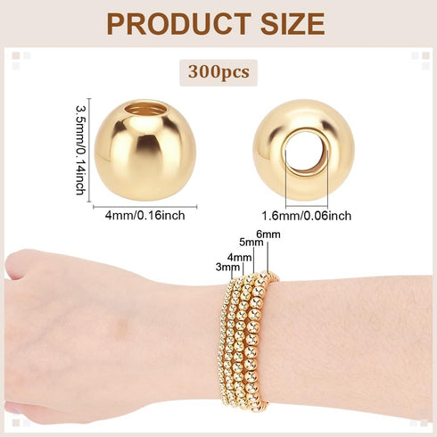 PH PandaHall 300pcs 4mm 14K Gold Plated Beads Mini Round Jewelry Beads Waist Loose Bead Smooth Metal Brass Bead for Friendship Bracelet Bikini Bel...