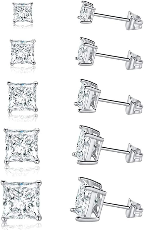 GEMSME 18K Gold Plated Princess Cut Clear Cubic Zirconia Stud Earrings Pack of 5 (white gold)...