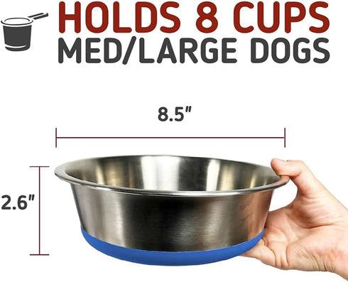Leashboss Non-Slip Stainless Steel Dog Bowl with Rubber Base, Large 8 Cup / 64 Oz Size, Modern Brushed Interior & Exterior, Non-Skid Dish for Medi...