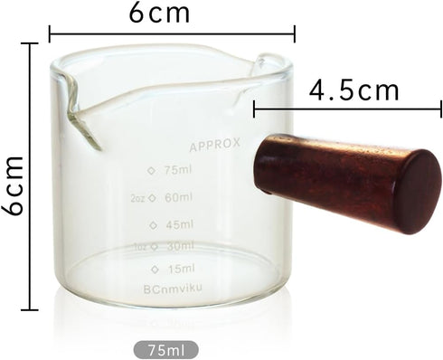 1 Pack Double Spouts Measuring Triple Pitcher Milk Cup with Wood Handle 75ML Espresso Shot Glasses Parts Clear Glass By BCnmviku...