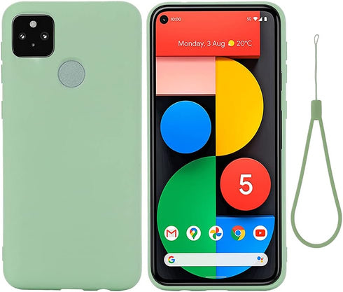 Cute Case for Pixel 5a Green Silicone Cover for 5a 5G, Soft Rubber Gel Case with Lanyard Girly Phone Case Women Case Matte Waterproof Shockproof P...