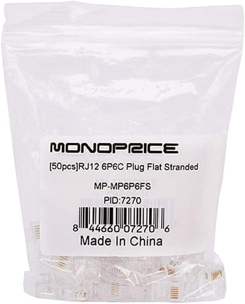 Monoprice 6P6C RJ12 Modular Plugs - For Flat Solid/Stranded Cable, 1u, 2 Prongs, 50 Pack, Clear...