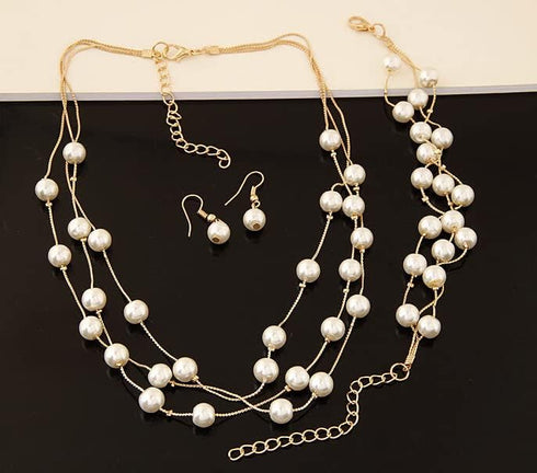 Gold Layered Pearl Necklaces for Women Faux Pearls Necklace Bracelet Earring Set for Women Girls Multi Layered Pearl Choker Necklaces...