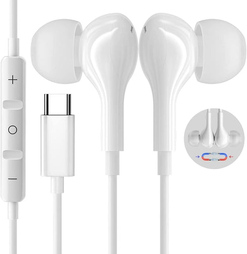 USB C Headphone for Samsung S23 FE S22 S21 S20 A53 A54 Wired Earbuds Magnetic in-Ear Type C Earphone with Microphone Volume Control Bass Stereo No...