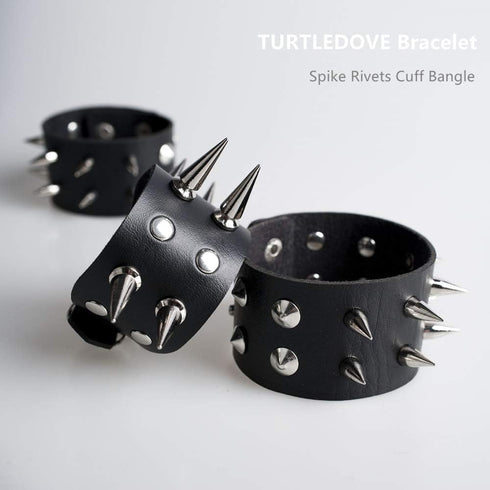 TURTLEDOVE Spike Rivets Cuff Bangle - Goth Black Leather Bracelet with Metal Studded - 80s Punk Rock Accessories for Men Women (3 PCS Spike Bracel...
