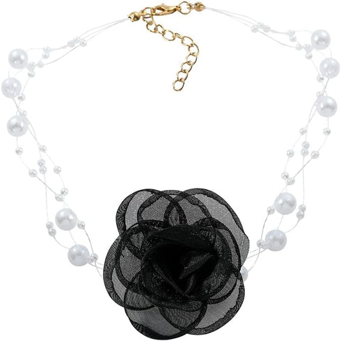 Camellia Rose Flower Choker Necklace Vintage Artificial Pearl Necklace for Women, Elegance Neck Accessories Wedding Party Necklaces Summer Necklac...