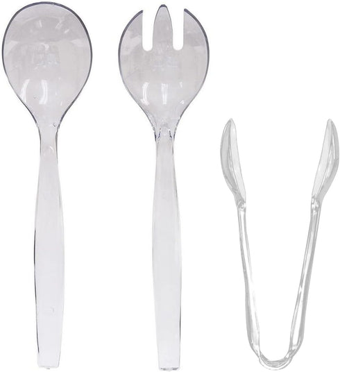 VeZee's Plastic Serving Utensils, Clear Heavy Duty Disposable utensil | Set 10" Spoons 10" Forks 6" Tongs | 6 Each in One Set| 18 Pcs...