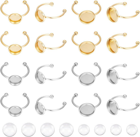 UNICRAFTALE 20 Sets 2 Sizes 2 Colors DIY Blank Dome Cuff Ring Making Kit Golden Ring Blanks Adjustable Ring Blank Base with Cabochons Stainless St...