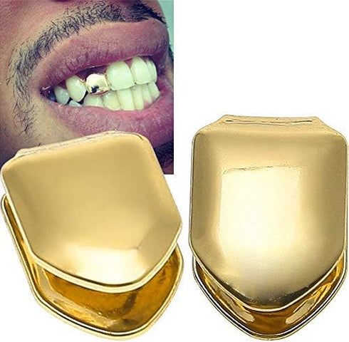 2 Pieces 14K Plated Gold Grillz Hip Hop Top Tooth Single Grill Cap for Teeth Mouth...