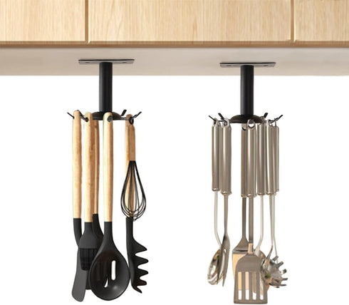 Aosome 2 Pcs Utensil Under Cabinet Holder 360° Rotating Stainless Steel Kitchen Utensil Holder Hangers 8-Hooks...