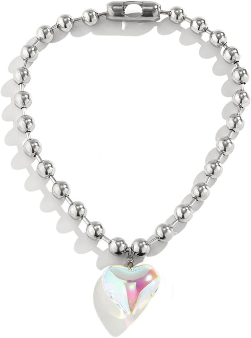 COLORFUL BLING Punk Chunky Glass Puffy Heart Beads Chain Choker Necklace Coloured Glaze Heart Charms Pendant Necklace Y2K Aesthetic Simple Jewelry...