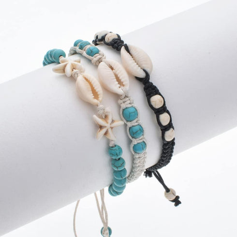 Caiyao Natural Cowrie Shell Turquoise Bead Bohemian Bracelet Handmade Braided Wax Rope Women Adjustable Starfish Anklet Beach Parties Jewelry...