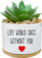 Life Would SUCC Without You - White Ceramic Engraved Mini Succulent Cactus Planter Pot, 3.5 inch Succulent Indoor Flower Plant Pots with Bamboo Tr...