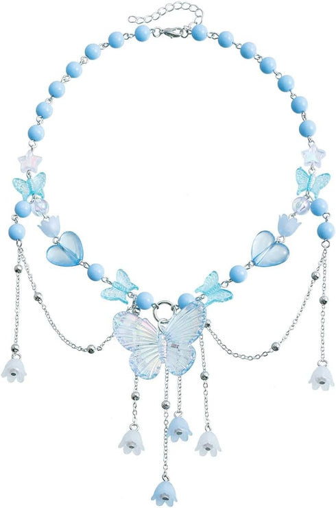 Beaded Butterfly Choker Beads Tassel Pendant Necklace Butterfly Pearl Niche Necklace Collarbone Chain Heart Tassel Adjustable Necklace Jewelry for...