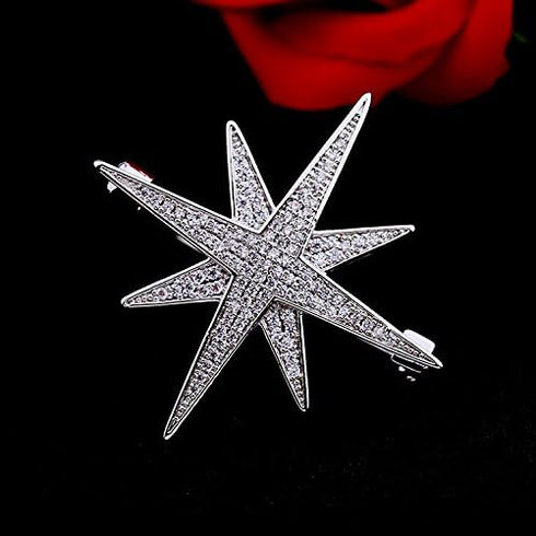 Victorian Style Full Micro Pave Double Layered 8 Pointed Burst Star Brooches Pins Celestial Jewelry...