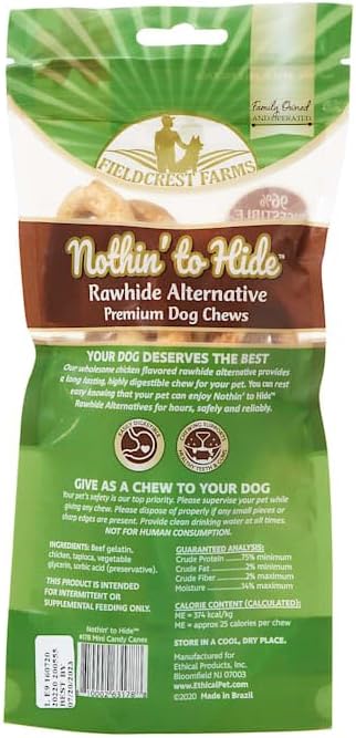 Fieldcrest Farms Nothin' to Hide Mini Holiday Candy Cane Chicken Flavor Chew Dog Treats, Dog Chews Stick - All Natural Rawhide Free, Easily Digest...