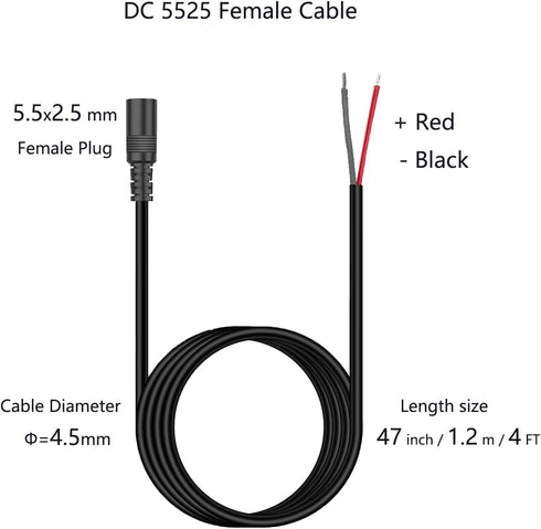 4FT DC 5.5MM x 2.5MM Female Plug to Bare Wire Open End Power Wire Supply Repair Cable,Barrel Connector for CCTV Camera,DVR,LED Strip Light Etc-2 P...