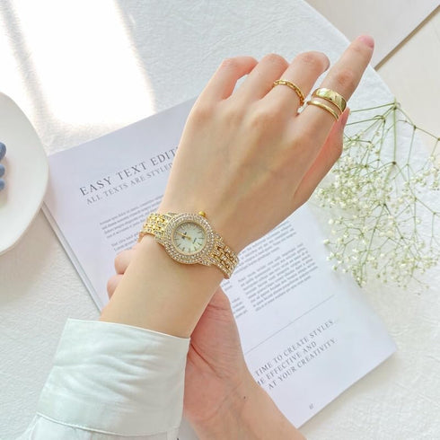 JewelryWe Women Watches Gold Tone Alloy Rhinestone Quartz Watch Stylish Bling Dress Watch Wristwatches for Valentine’s Day...