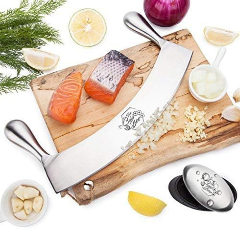 12" Stainless Steel Mezzaluna Knife & Cover + FREE Stainless Steel Soap Odor Remover | Pizza Cutter | Fruit, Vegetable & Salad Chopper & Dicer | H...