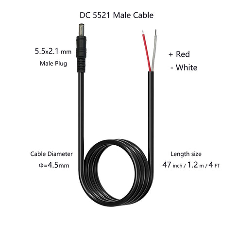 5.5MM x 2.1MM DC 4FT Male Plug to Bare Wire Open End Power Wire Supply Repair Cable, Barrel Connector for CCTV Camera,DVR,LED Strip Light Etc-2 Pa...