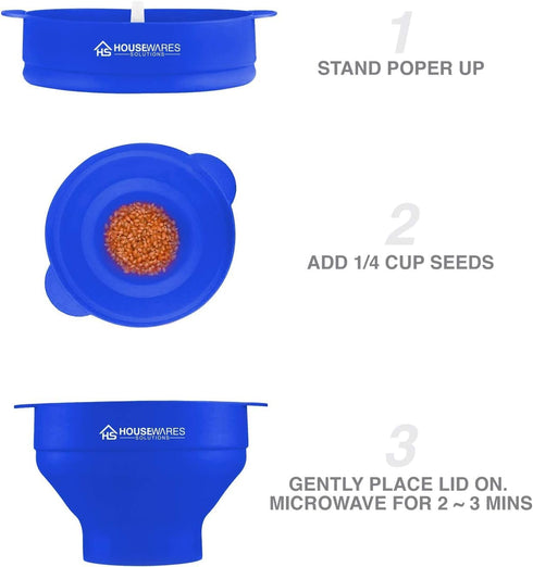 Collapsible Silicone Microwave Hot Air Popcorn Popper Bowl With Lid and Handles - Blue...