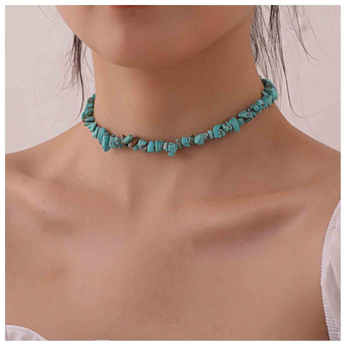 Boho Turquoise Bead Choker Necklace Short Irregular Turquoise Necklace Blue Gemstone Beaded Necklace Natural Stone Necklace Chain Jewelry for Wome...