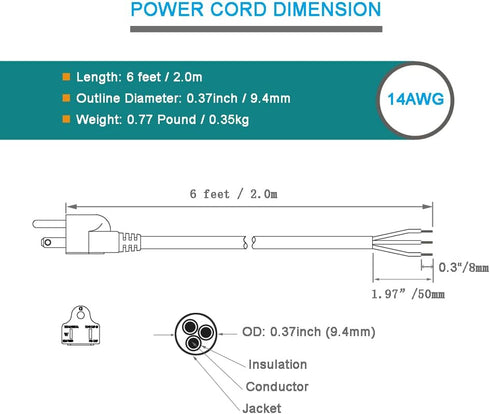 AC Power Cord Pigtail Heavy Duty 14 Gauge 3 Prong 6 Feet Open End 3 Wire SJT 14AWG Power Supply AC Plug NEMA 5-15P, Replacement AC Wall Cable 15A,...