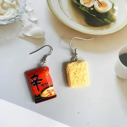 Mini Instant Noodle Dangle Earrings Small Resin Instant Noodle Food Drop Earrings Funny Food Asymmetrical Hook Earrings Artist Painter Jewelry...