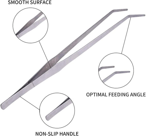 Extra Long Handle Aquarium Tweezers Serving Tongs Feed clamp,2 Pack Stainless Steel Straight and Curved Tweezers Set for Fish Tank Plants Reptile ...