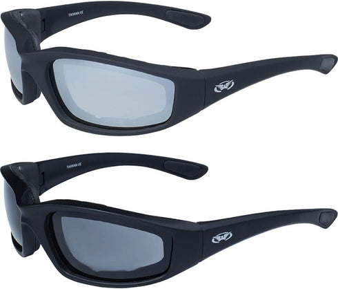 Global Vision Kickback Padded Motorcycle Sunglasses 2 Pair Black Frame Flash Mirror & Smoke Lenses...