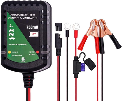12 Volt Battery Charger 750mA Automatic Battery maintainer trickle Battery Charger Smart Float Charger for Automotive car Motorcycle Lawn Mower Bo...