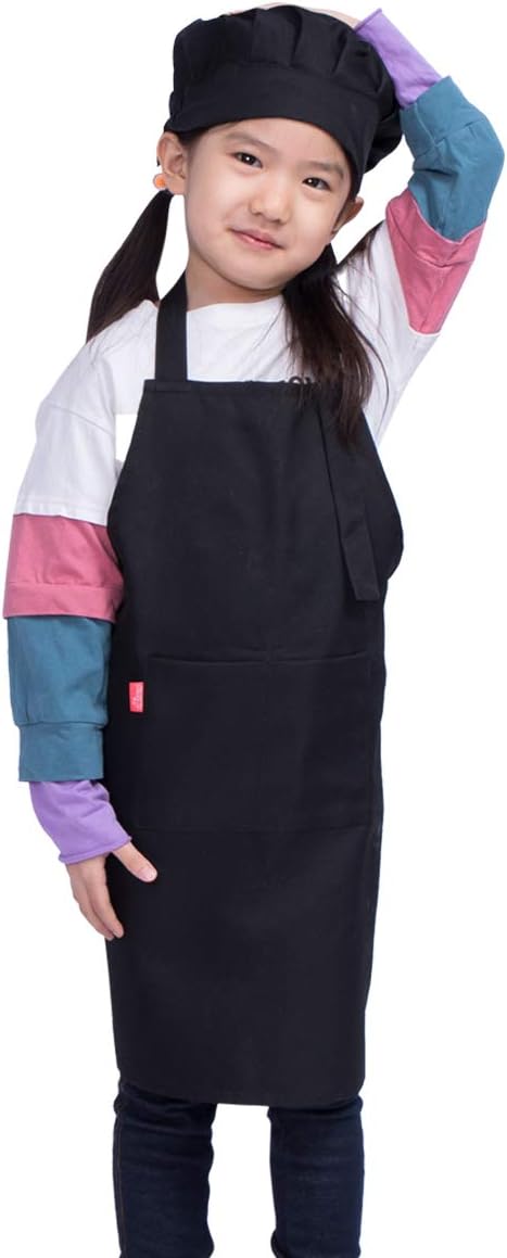 Kids Apron and Chef Hat Set, Children's Adjustable Bib Apron with 2 Pockets. Cute Boys Girls Kitchen Apron for Cooking, Baking, Painting, Training...