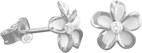 Hawaiian Silver Jewelry Plumeria Womens Stud Earrings – Hawaiian Flower Stud Earrings for Women – Sterling Silver Flower Earrings with CZ Stone – ...
