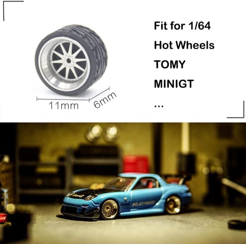 Carlomo 1/64 Scale N-Class Alloy Wheels and Rubber Tires with Axles Detail Up Kits (4pcs/1 Kit) Modified Parts for 1:64 Diecast Model Cars (N018A)...
