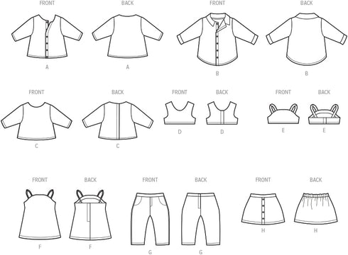 Simplicity 1990's 18" Doll Cardigan, Shirt, Dress, Pants, and Skirt Sewing Pattern Packet by Carla Reiss, Design Code S9874, Multicolor...