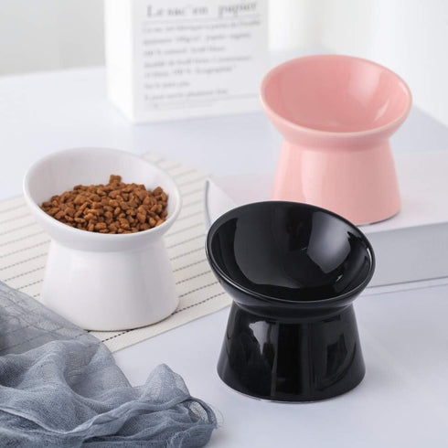 Black Small Ceramic Raised Cat Bowls, Tilted Elevated Food or Water Bowls, Stress Free, Backflow Prevention, Dishwasher and Microwave Safe, Lead &...